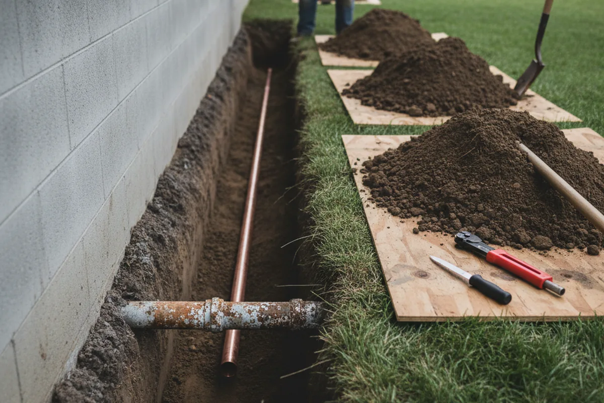 Excavated water line trench during Water Heater Repair in Center Hill